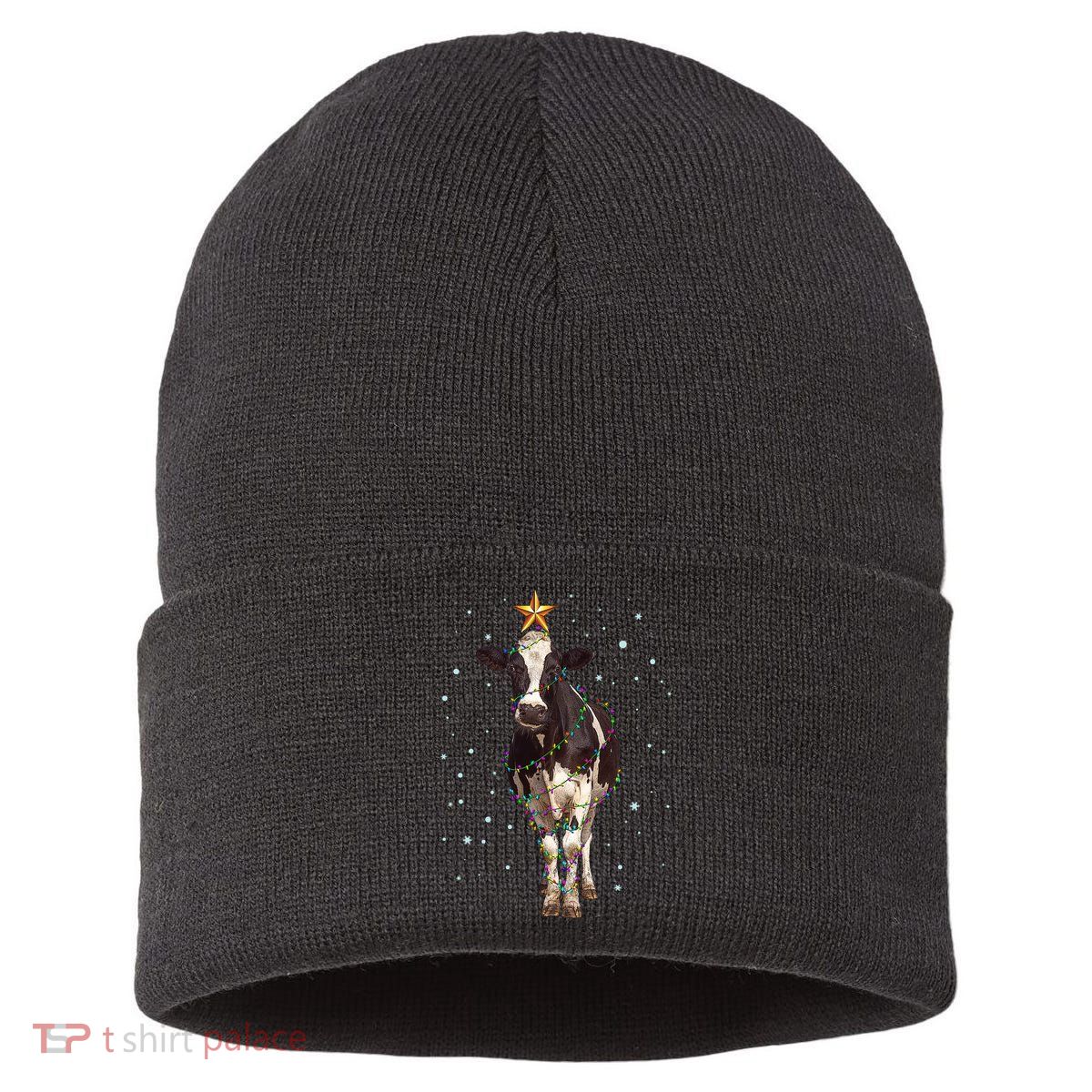 Funny Festive Christmas Lights Cow Sustainable Knit Beanie