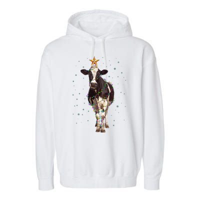 Funny Festive Christmas Lights Cow Garment-Dyed Fleece Hoodie