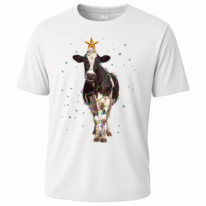 Funny Festive Christmas Lights Cow Cooling Performance Crew T-Shirt