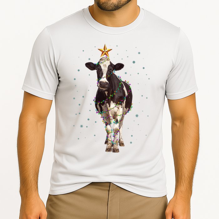 Funny Festive Christmas Lights Cow Cooling Performance Crew T-Shirt