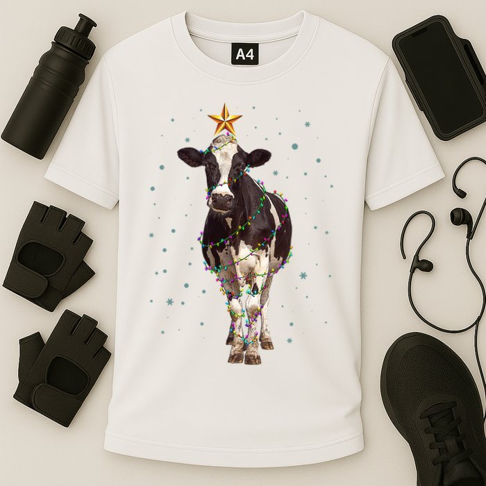Funny Festive Christmas Lights Cow Cooling Performance Crew T-Shirt