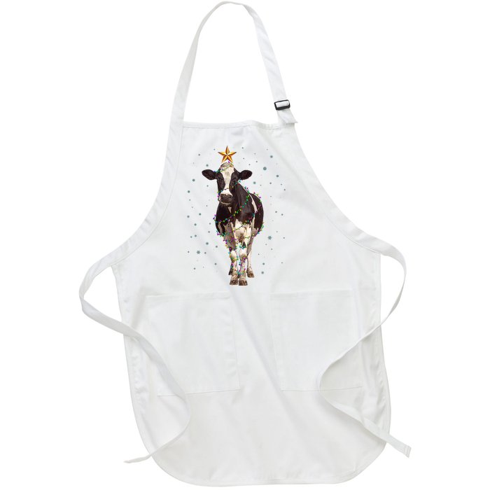 Funny Festive Christmas Lights Cow Full-Length Apron With Pockets