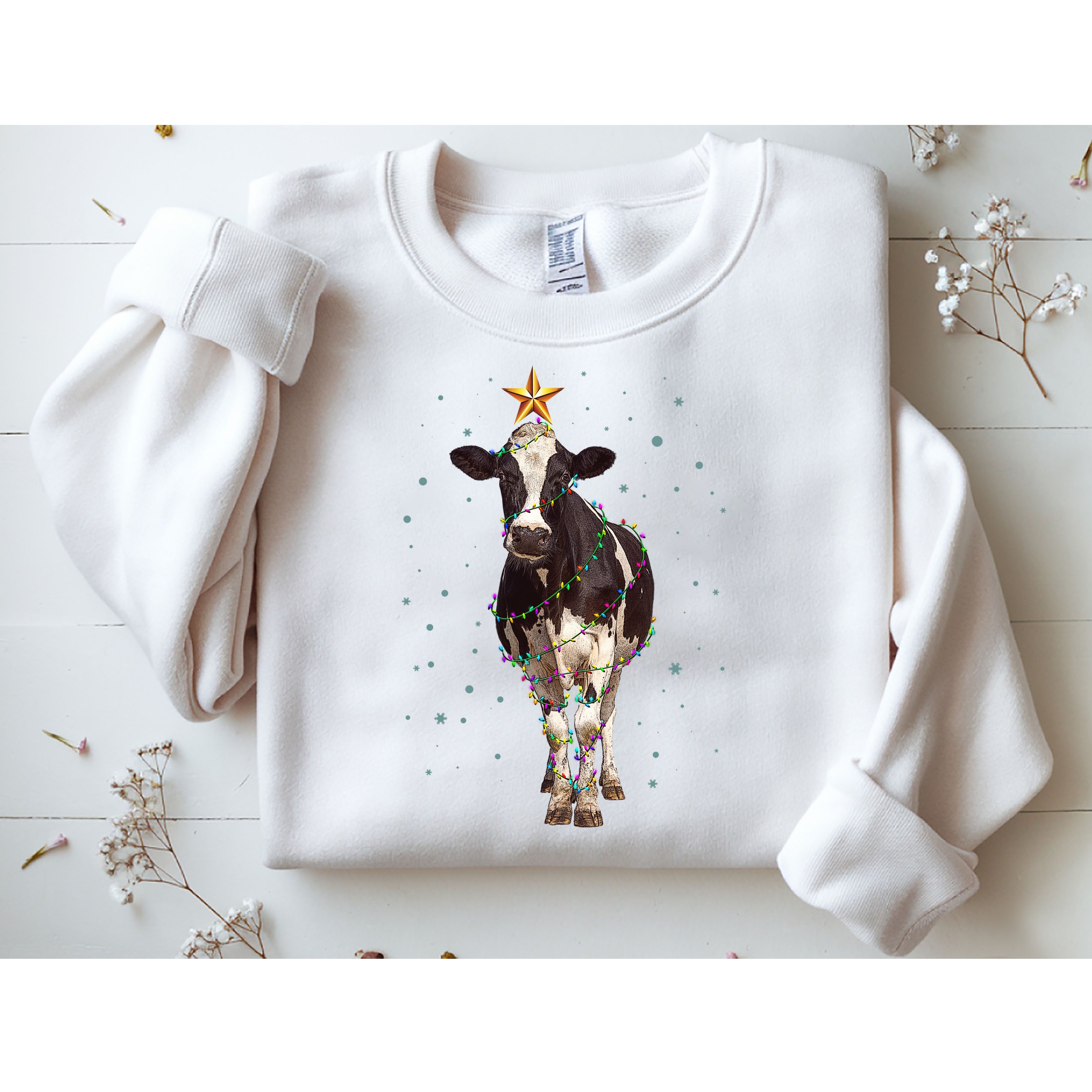 Funny Festive Christmas Lights Cow Sweatshirt