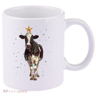 Funny Festive Christmas Lights Cow 11oz C Handle Ceramic Mug