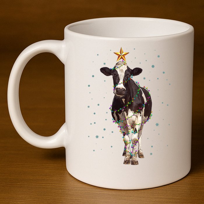 Funny Festive Christmas Lights Cow 11oz C Handle Ceramic Mug