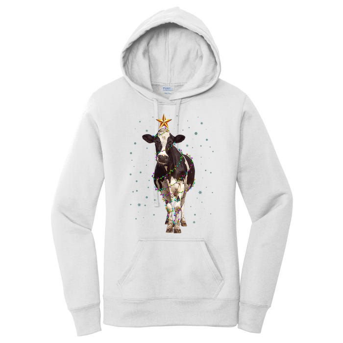 Funny Festive Christmas Lights Cow Women's Pullover Hoodie