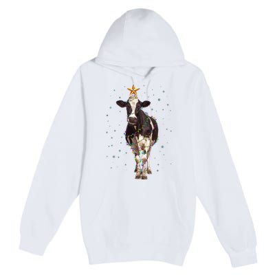 Funny Festive Christmas Lights Cow Premium Pullover Hoodie