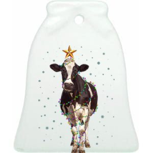 Funny Festive Christmas Lights Cow Ceramic Bell Ornament