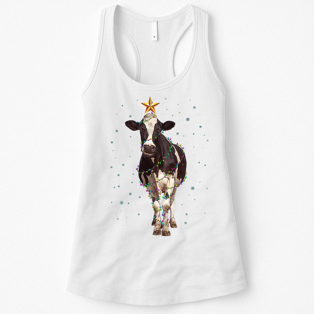 Funny Festive Christmas Lights Cow Womens Tank Top