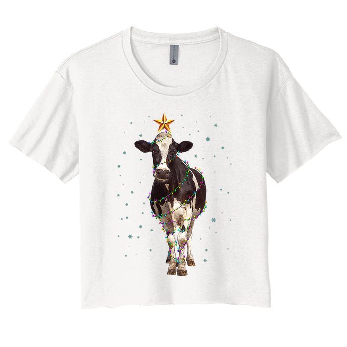 Funny Festive Christmas Lights Cow Women's Crop Top Tee
