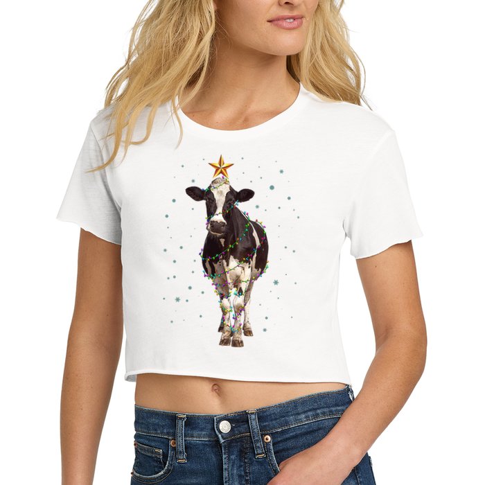 Funny Festive Christmas Lights Cow Women's Crop Top Tee