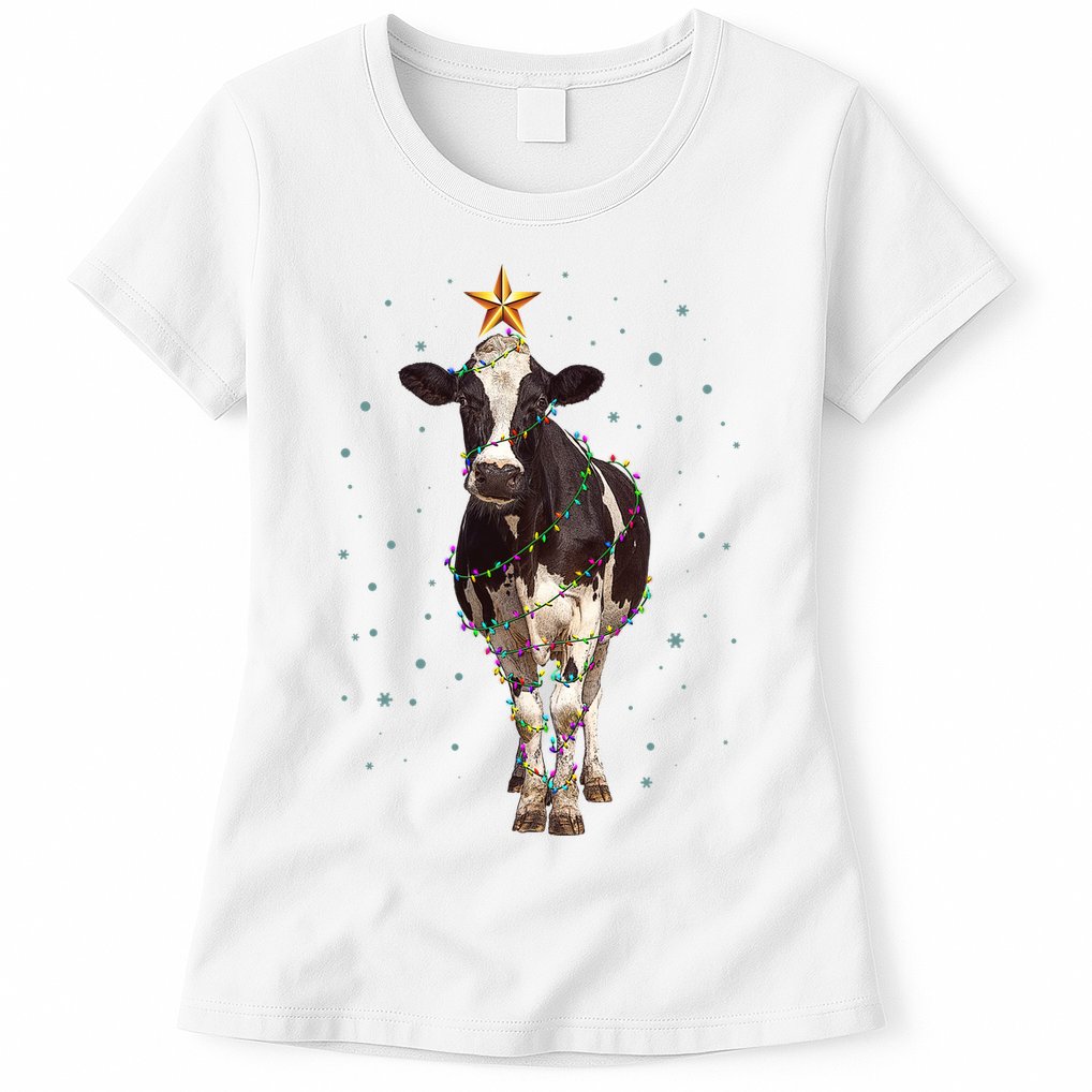 Funny Festive Christmas Lights Cow Womens T-Shirt