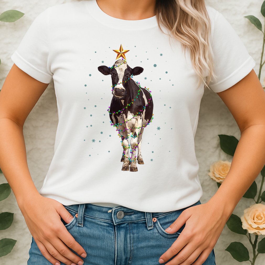 Funny Festive Christmas Lights Cow Womens T-Shirt