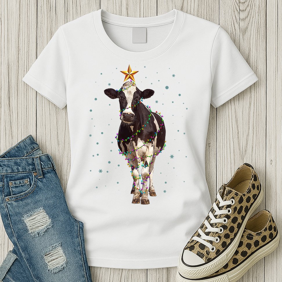 Funny Festive Christmas Lights Cow Womens T-Shirt