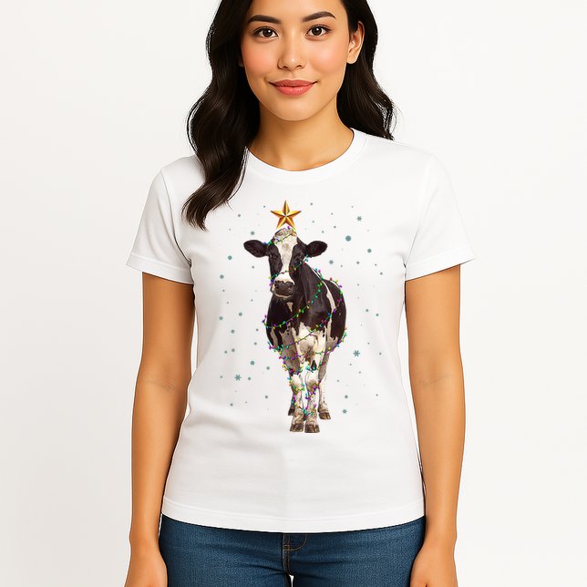 Funny Festive Christmas Lights Cow Womens T-Shirt