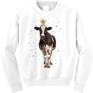 Funny Festive Christmas Lights Cow Kids Sweatshirt