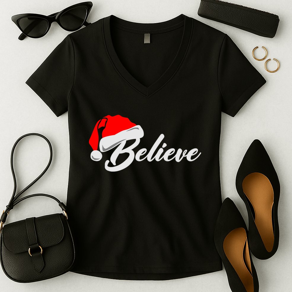 Funny Family Christmas Believe Santa Claus Cute Xmas Holiday Women's V-Neck T-Shirt