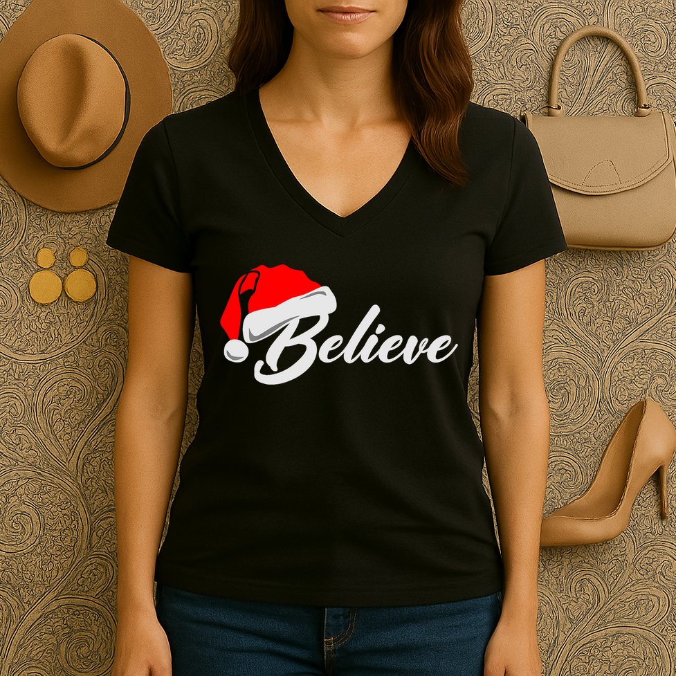 Funny Family Christmas Believe Santa Claus Cute Xmas Holiday Women's V-Neck T-Shirt