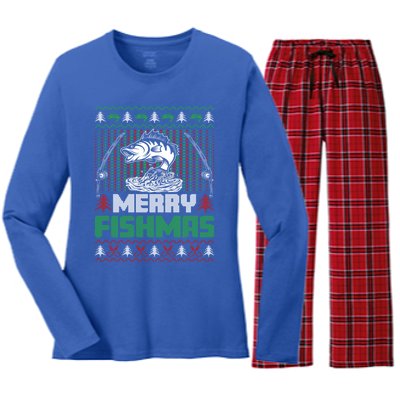 Funny Fishing Christmas Merry Fishmas Fishers Funny Gift Women's Long Sleeve Flannel Pajama Set 