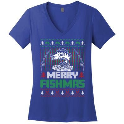 Funny Fishing Christmas Merry Fishmas Fishers Funny Gift Women's V-Neck T-Shirt