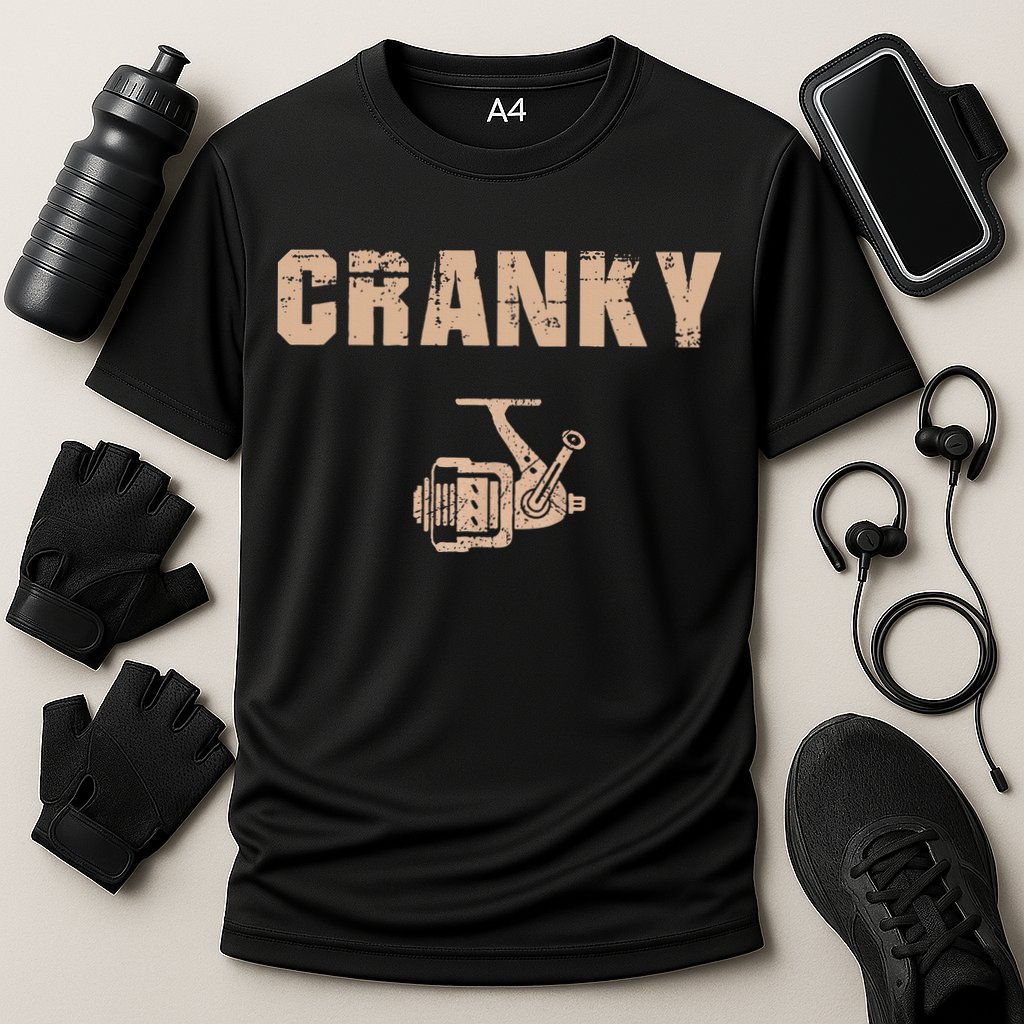 Funny Fishing Cranky Fishing Reel Cooling Performance Crew T-Shirt