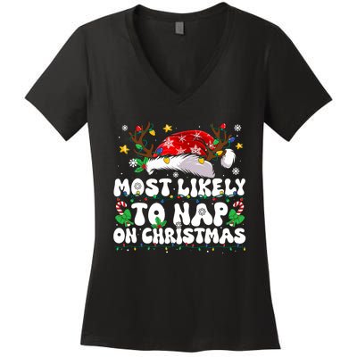 Funny Family Christmas Most Likely To Nap On Christmas Women's V-Neck T-Shirt