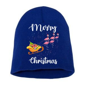 Funny Flamingo Christmas Pink Flamingos Sleigh Snow Santa Gift Short Acrylic Beanie