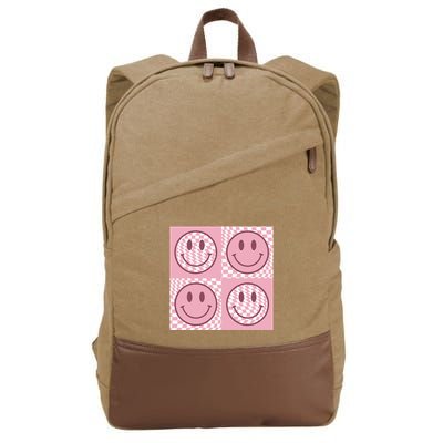Funny Face Checkered Pattern Smile Face Meme Trendy Cotton Canvas Backpack