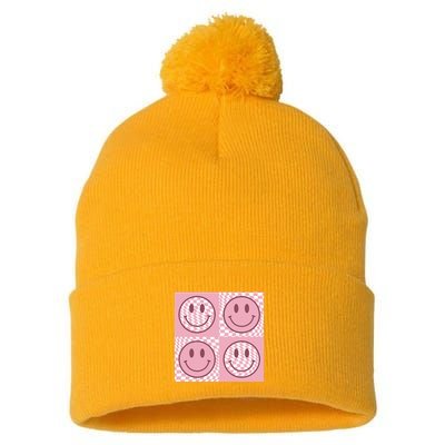 Funny Face Checkered Pattern Smile Face Meme Trendy Pom Pom 12in Knit Beanie