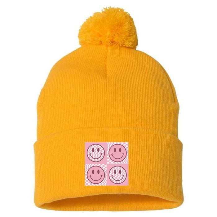 Funny Face Checkered Pattern Smile Face Meme Trendy Pom Pom 12in Knit Beanie