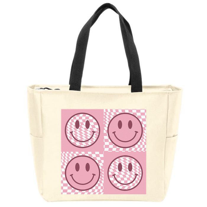 Funny Face Checkered Pattern Smile Face Meme Trendy Zip Tote Bag