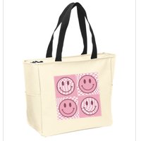 Funny Face Checkered Pattern Smile Face Meme Trendy Zip Tote Bag