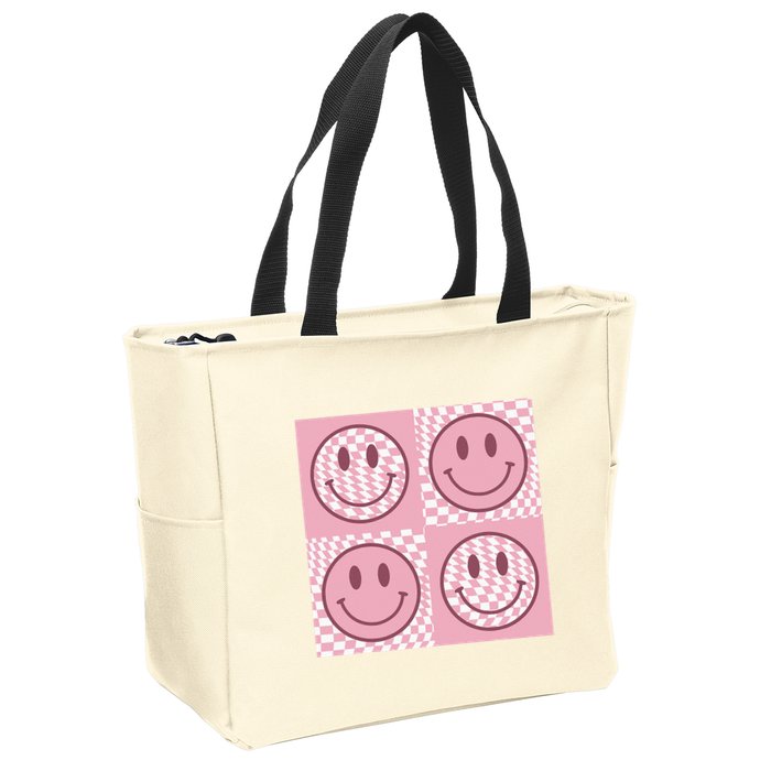 Funny Face Checkered Pattern Smile Face Meme Trendy Zip Tote Bag