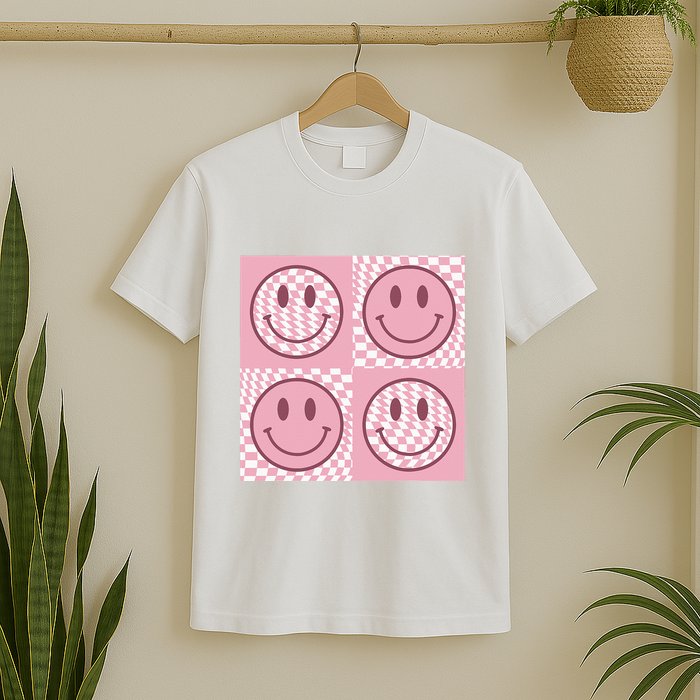 Funny Face Checkered Pattern Smile Face Meme Trendy T-Shirt