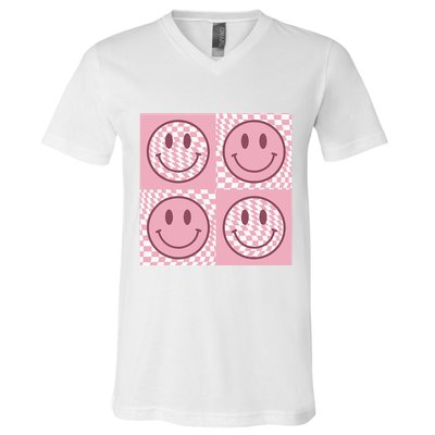 Funny Face Checkered Pattern Smile Face Meme Trendy V-Neck T-Shirt