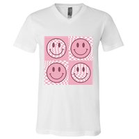 Funny Face Checkered Pattern Smile Face Meme Trendy V-Neck T-Shirt