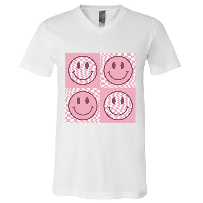 Funny Face Checkered Pattern Smile Face Meme Trendy V-Neck T-Shirt