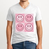 Funny Face Checkered Pattern Smile Face Meme Trendy V-Neck T-Shirt