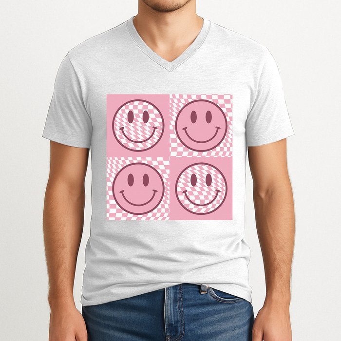 Funny Face Checkered Pattern Smile Face Meme Trendy V-Neck T-Shirt
