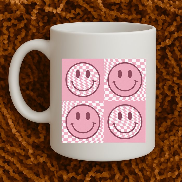 Funny Face Checkered Pattern Smile Face Meme Trendy Mug