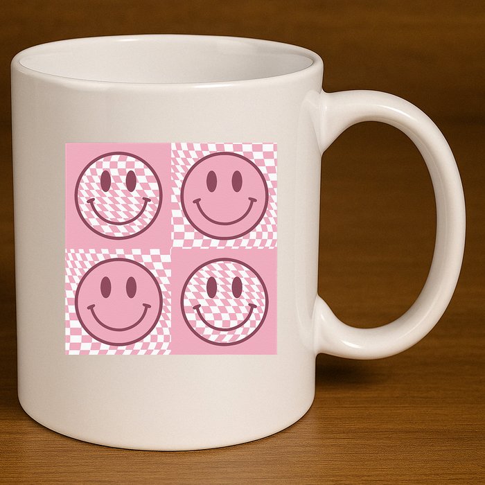 Funny Face Checkered Pattern Smile Face Meme Trendy 11oz C Handle Ceramic Mug