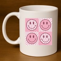 Funny Face Checkered Pattern Smile Face Meme Trendy 11oz C Handle Ceramic Mug