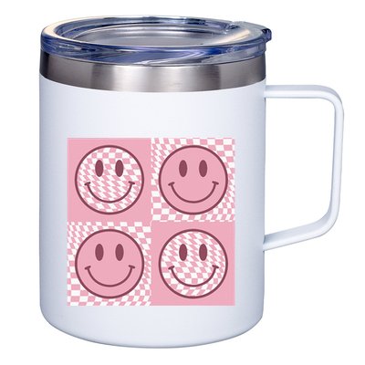 Funny Face Checkered Pattern Smile Face Meme Trendy 12oz Stainless Steel Coffee Mug