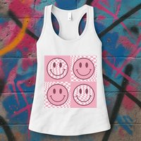 Funny Face Checkered Pattern Smile Face Meme Trendy Womens Tank Top