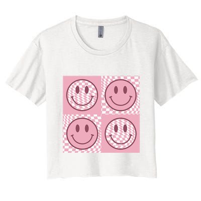 Funny Face Checkered Pattern Smile Face Meme Trendy Crop Top