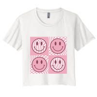 Funny Face Checkered Pattern Smile Face Meme Trendy Crop Top