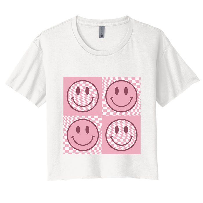 Funny Face Checkered Pattern Smile Face Meme Trendy Crop Top