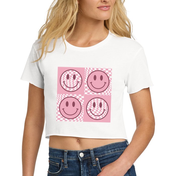 Funny Face Checkered Pattern Smile Face Meme Trendy Crop Top