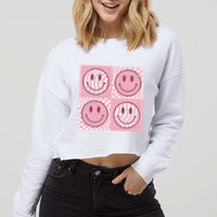 Funny Face Checkered Pattern Smile Face Meme Trendy Cropped Pullover Crew