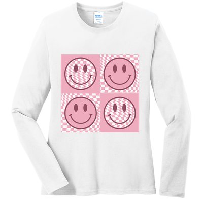 Funny Face Checkered Pattern Smile Face Meme Trendy Ladies Long Sleeve Shirt